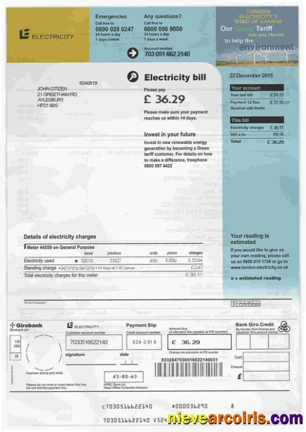United Kingdom electricity utility bill